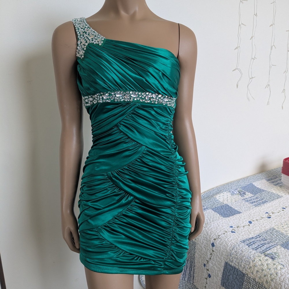 Deb Emerald Green One-Shoulder Dress with Embellishments